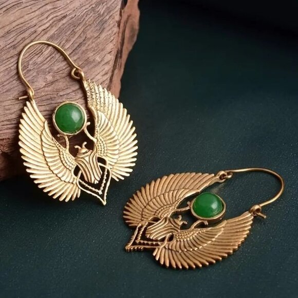 Enchanting Elegance: Insect Design Green Inlaid Dangle Earrings with 14K Gold Pl - Picture 3 of 3